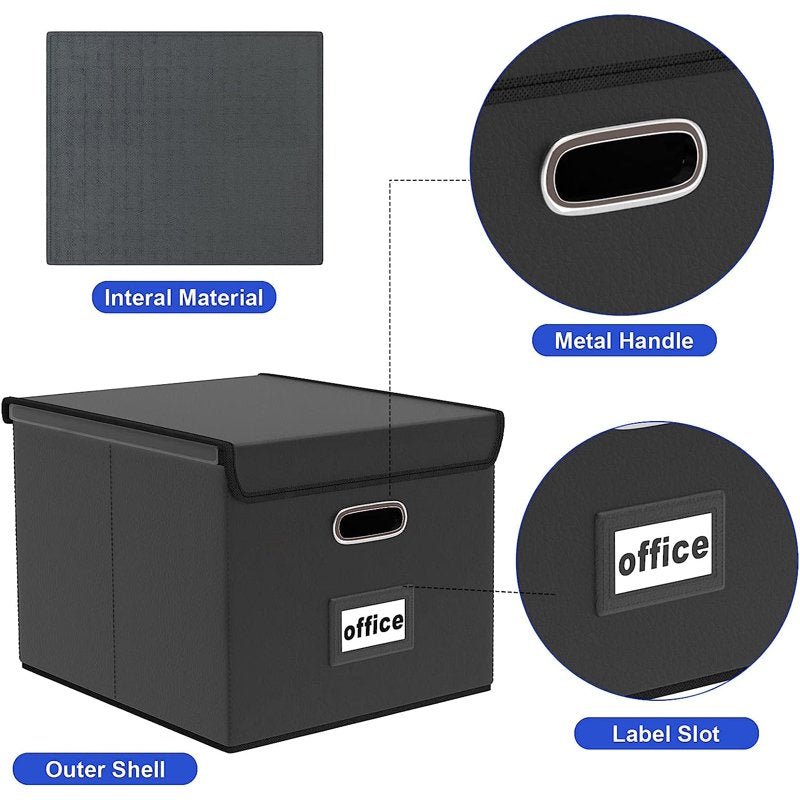 Collapsible Faux Leather File Box Organizer with Lid and Handles - Black