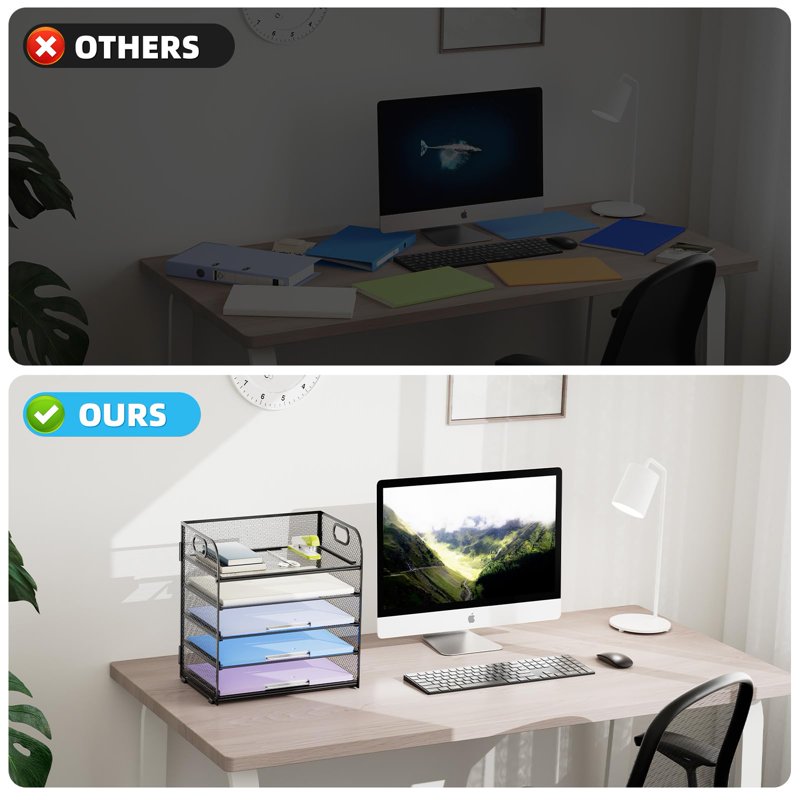 Multi-Layer Mesh Desktop File Organizer with Handles - Office Paper Storage Rack