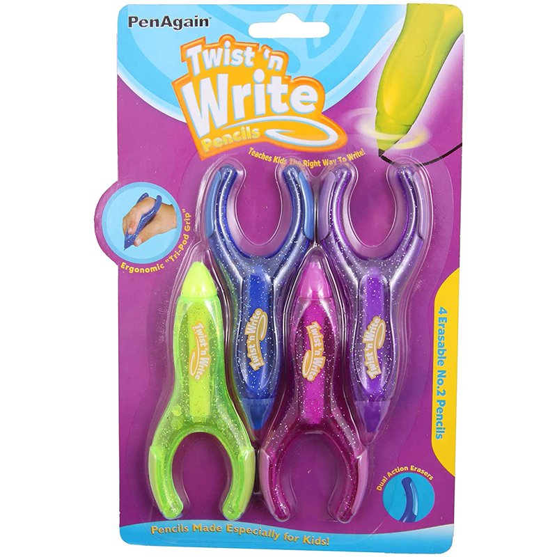Assorted Color Kids' Twist 'n Write Pencils - Ergonomic Tri-Pod Grip, 4 Pack
