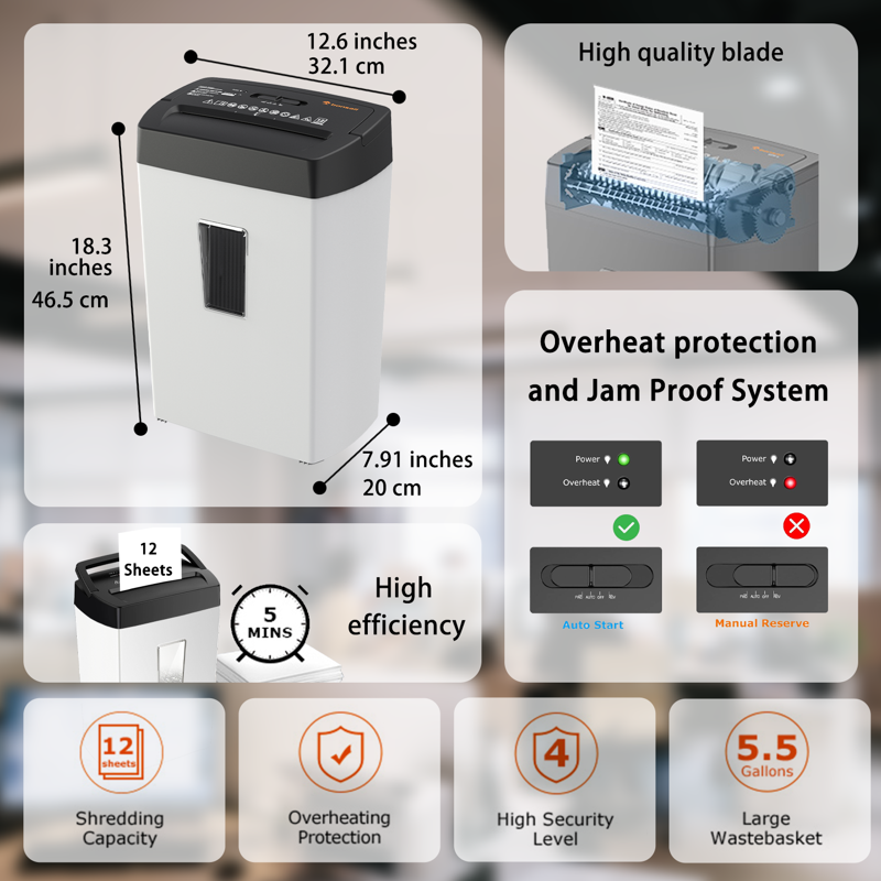Heavy-Duty Cross-Cut Paper Shredder 12 Sheets Security Level P-4 with 5.5-Gallon Bin