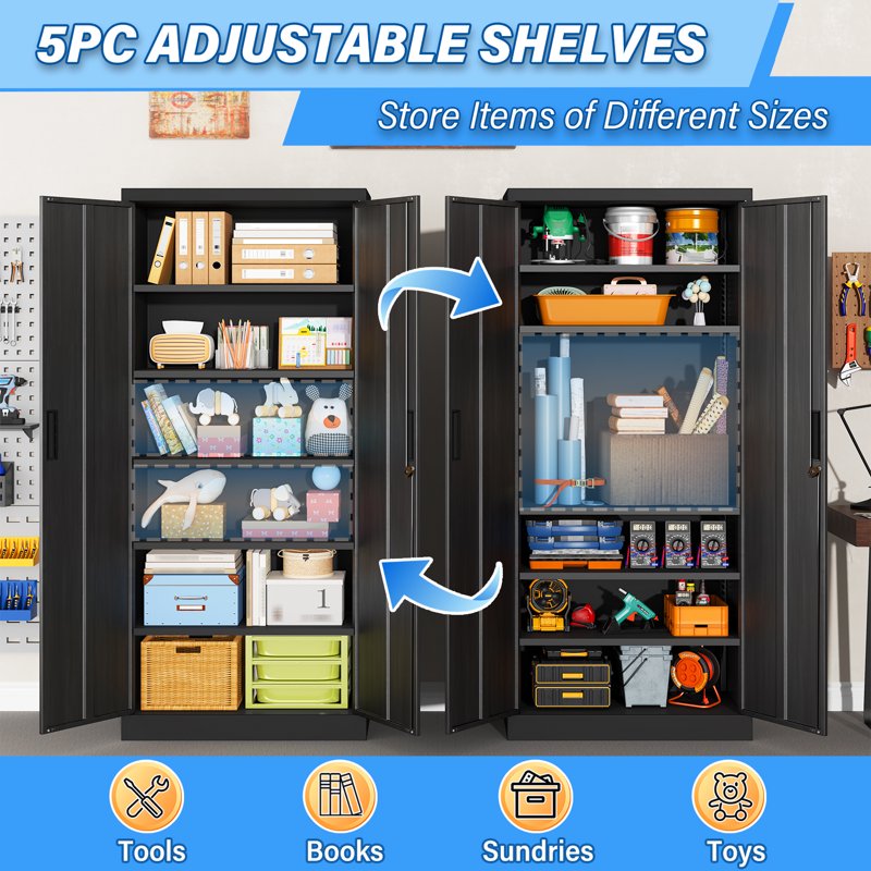 Metal Storage Cabinet with Locking Doors and Adjustable Shelves – 71 Inch Tall, Garage, Home, Office