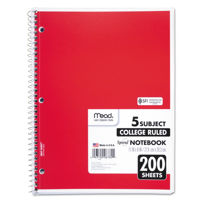 5 Subject Spiral Notebook - College Ruled, 200 Sheets, Assorted Colors