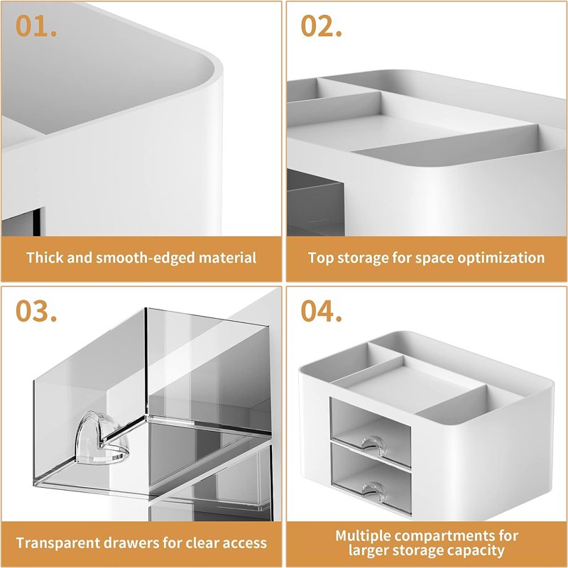 Multi-Functional Pen Organizer with 2 Drawers and Compartments - White Desk Storage