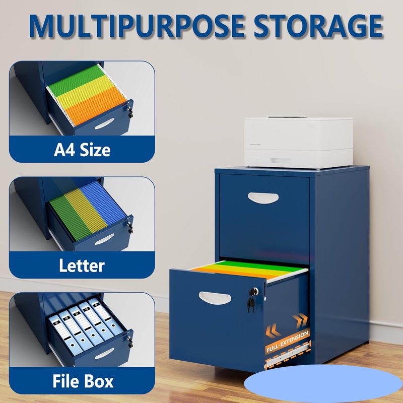 Metal 2 Drawer File Cabinet with Lock - Mobile Office Storage on Wheels