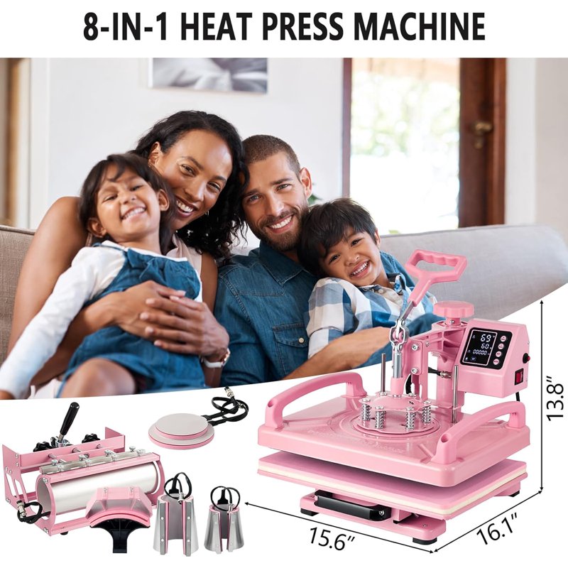 15x12 Inch Heat Press Machine for Sublimation T-Shirts Hats Mugs and Tumblers - 8-in-1 Pink