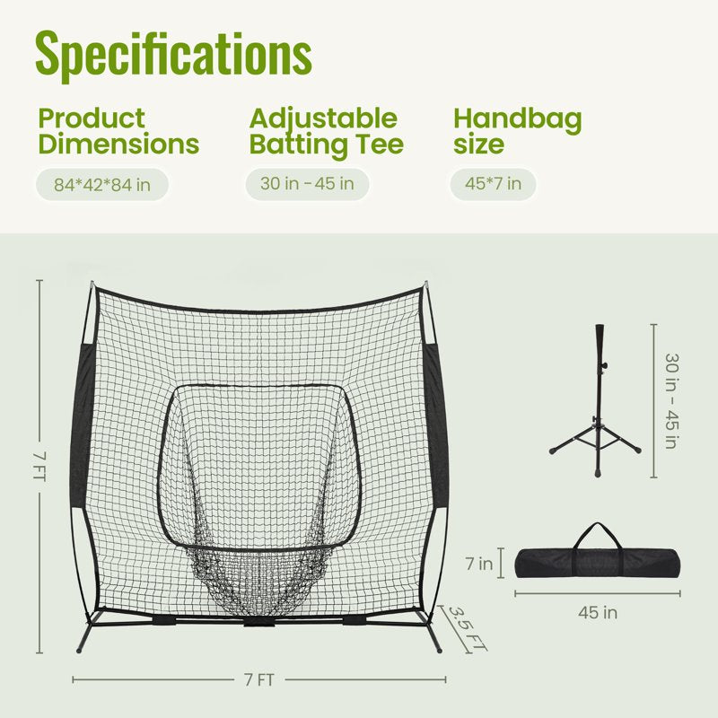 Portable Baseball & Softball Hitting Net with Batting Tee & Carry Bag - 7x7ft