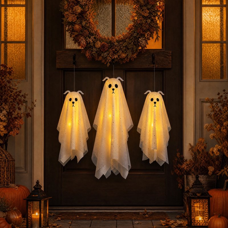 Halloween Outdoor Ghost Decorations Set with LED Lights - 3 Pack Hanging Spooky Ornaments