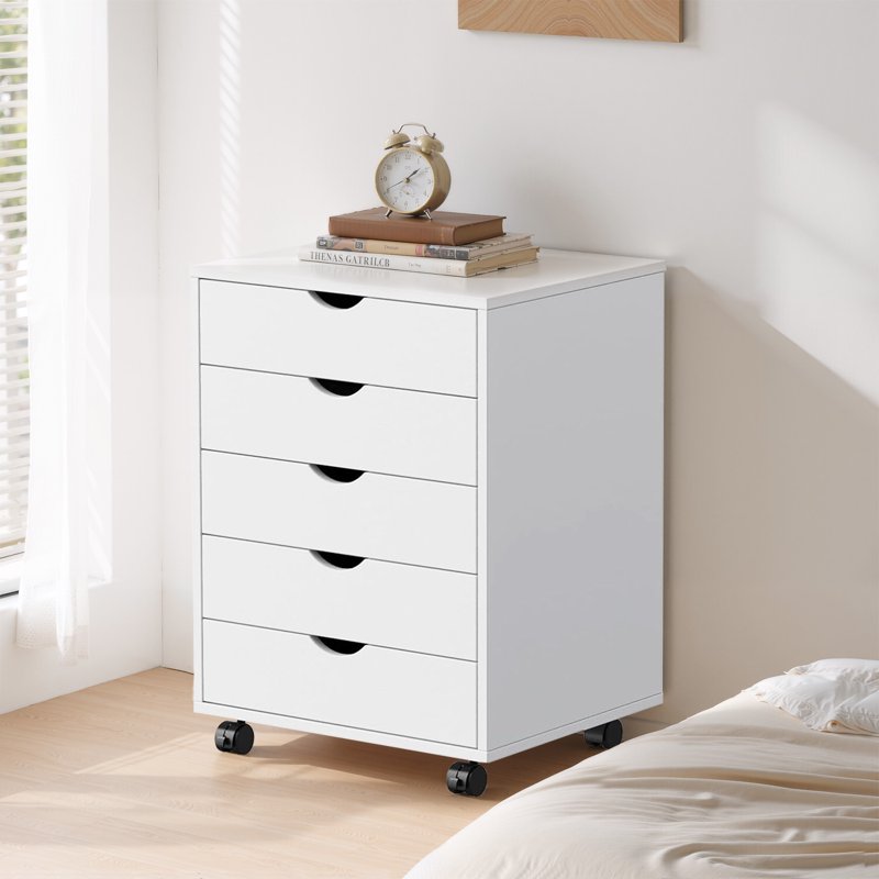 Wooden 5-Drawer Mobile Storage Chest with Wheels for Office & Home Organization