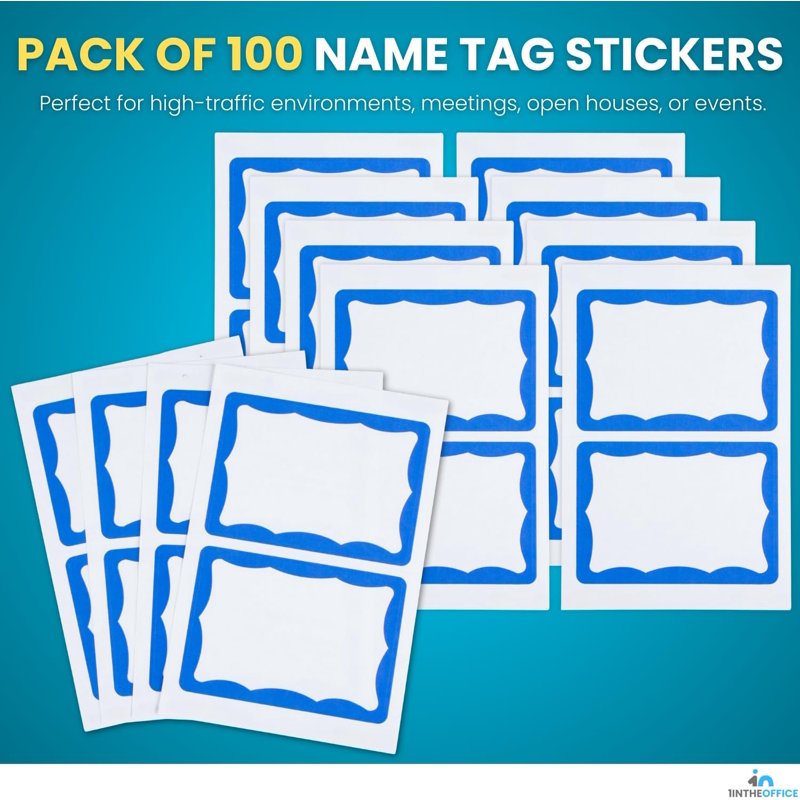 Self-Adhesive Name Tag Stickers - Blue Labels, Removable, 100 Pack