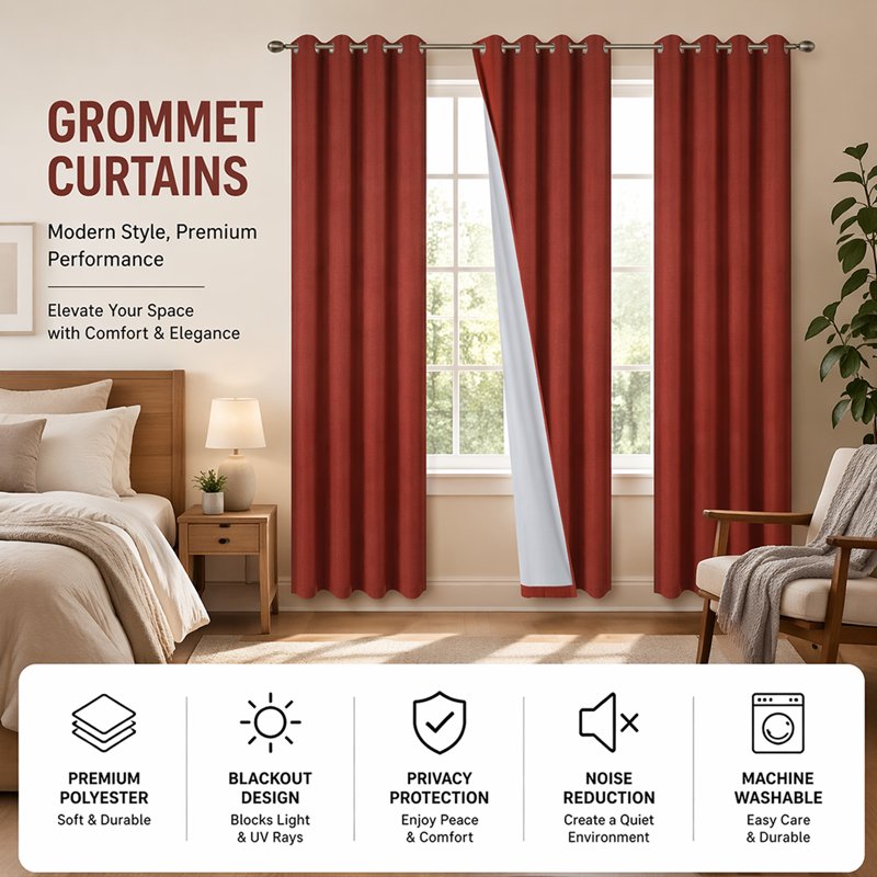 Blackout Linen Texture Curtains with Grommet Top - Room Darkening Panel Set