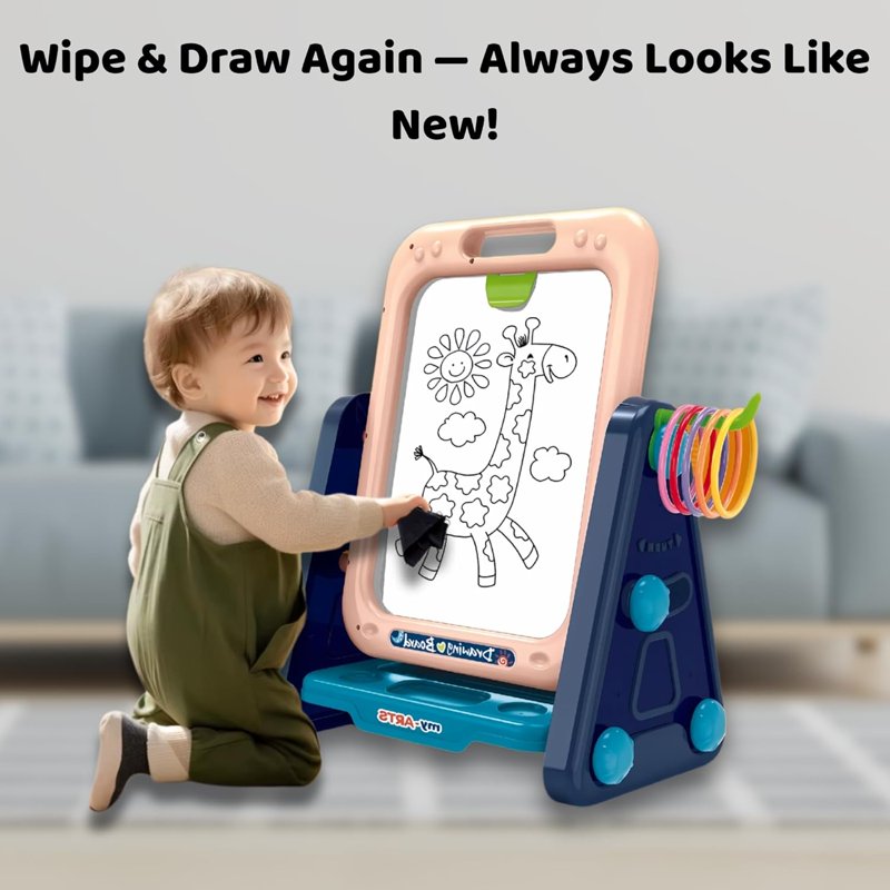 Kids Art Easel 4-in-1 Double Sided Toddler Drawing Whiteboard & Chalkboard with Ring Toss Game