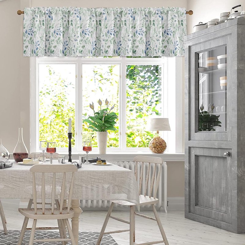 Set of 2 Valances for Windows, Botanical Green Leaves, 18x52 Inch, Adjustable Rod Pocket, Blackout Drapes for Living Room & Kitchen