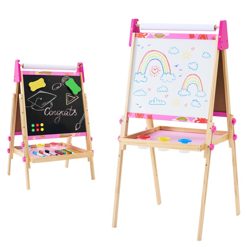 Kids Double-Sided Magnetic Whiteboard & Chalkboard Easel with Paper Roll - Adjustable, Storage Shelf & Art Supplies