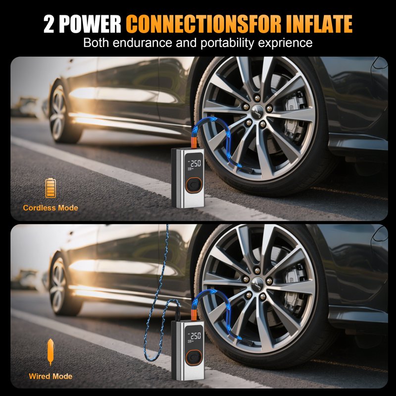Cordless Tire Inflator Portable Air Compressor with Digital Pressure Gauge & LED Light