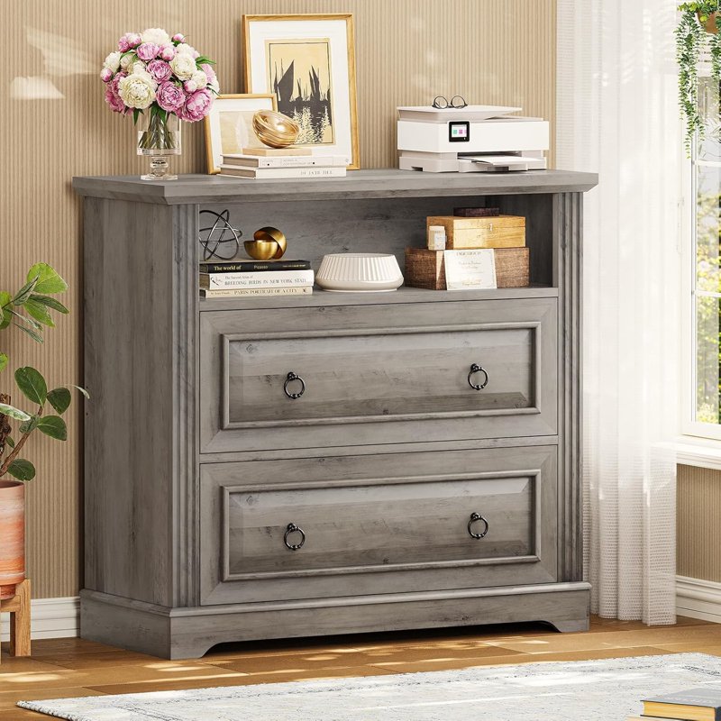 Farmhouse Style 2-Drawer File Cabinet with Printer Stand and Storage Shelf - Grey
