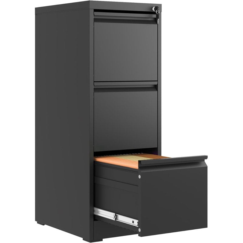 Locking 3-Drawer Metal File Cabinet for Legal and Letter Files - Black