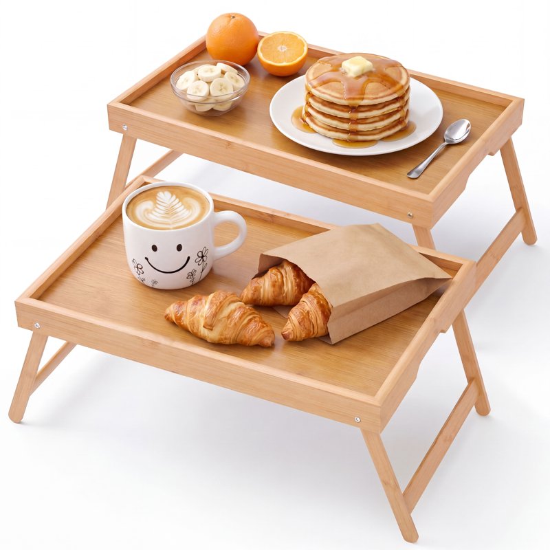 2 Pack Bed Tray Table with Folding Legs - Bamboo Breakfast in Bed Laptop Snack Tray - Yellow Variation