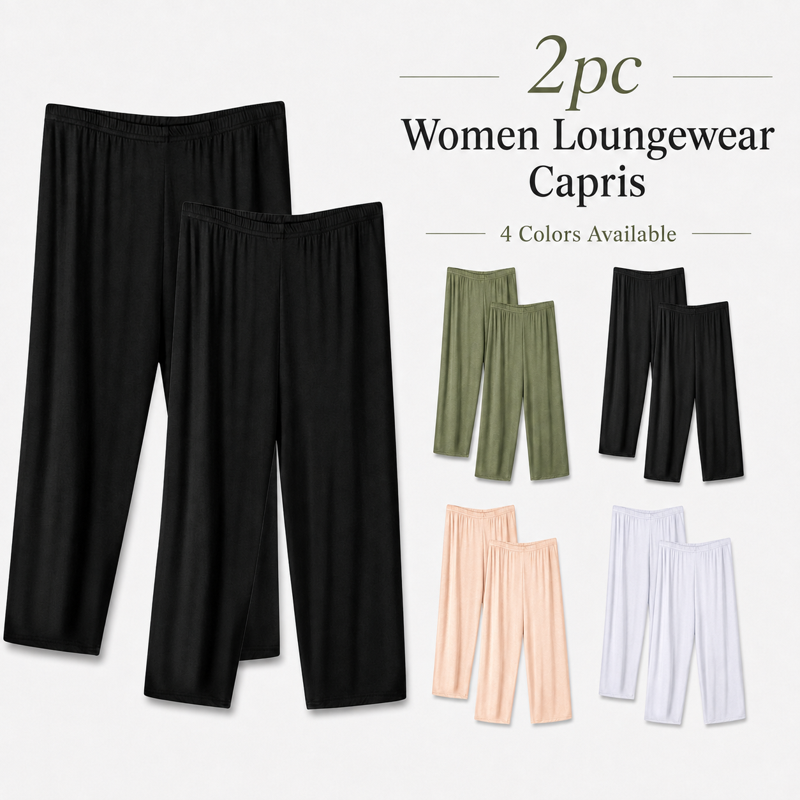 2 Pack Loose Fit Women’s Capris with Elastic Waist for Casual & Home Wear