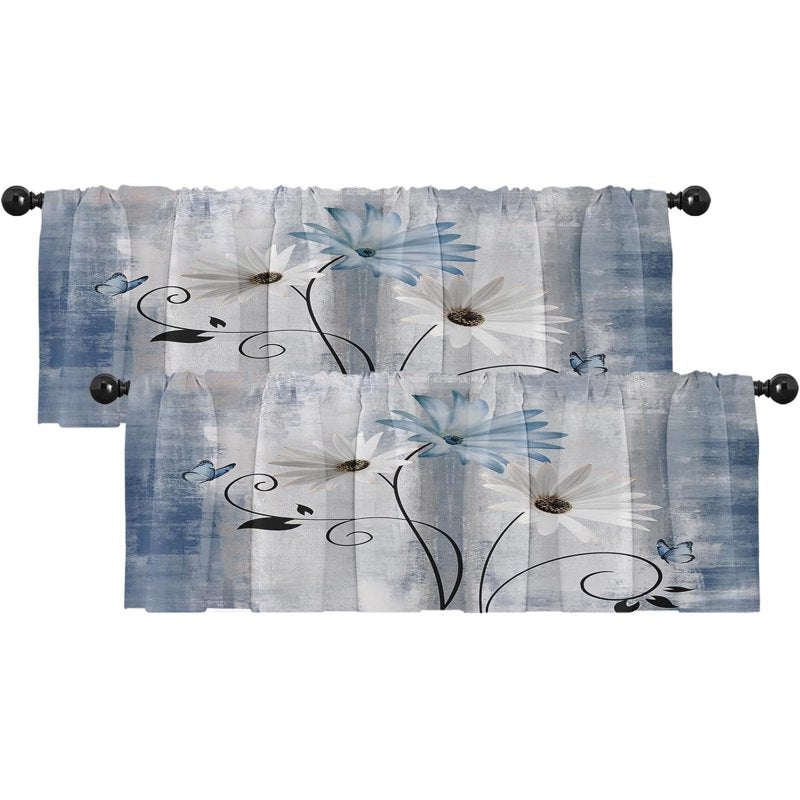 Farmhouse Style Window Valances 2 Pack - Blue Daisy Flowers & Butterfly Decor