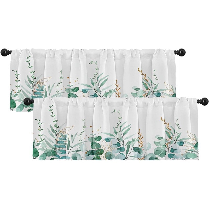 2 Pack Window Valances with Eucalyptus Leaf Pattern - Adjustable Cotton Curtains for Living Room & Kitchen, 18x52 Inch