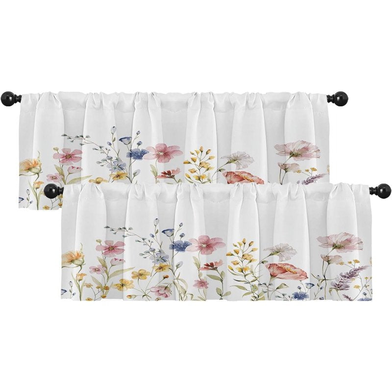 Window Valances with Floral & Eucalyptus Patterns - 18x52 Inch Adjustable Rod Pocket Drapes - Pack of 2