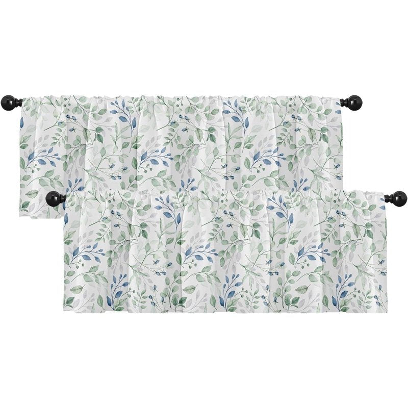 Set of 2 Valances for Windows, Botanical Green Leaves, 18x52 Inch, Adjustable Rod Pocket, Blackout Drapes for Living Room & Kitchen
