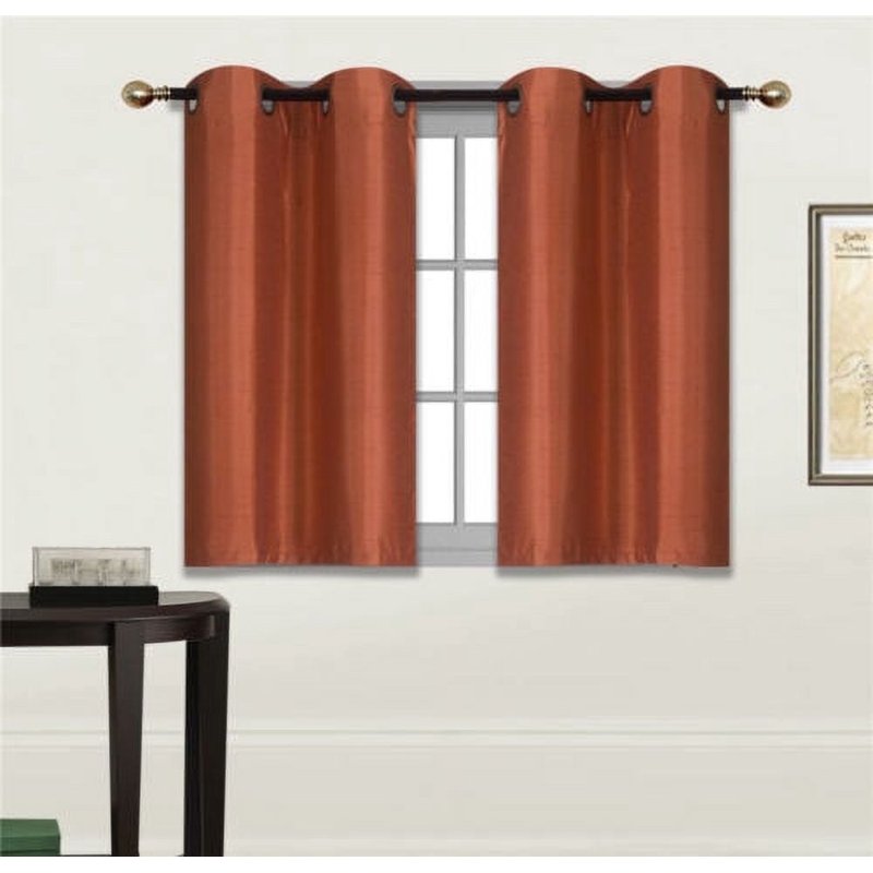 2 Piece Orange Semi-Sheer Window Curtain Panel Set with Faux Silk Tiers & Bronze Grommets