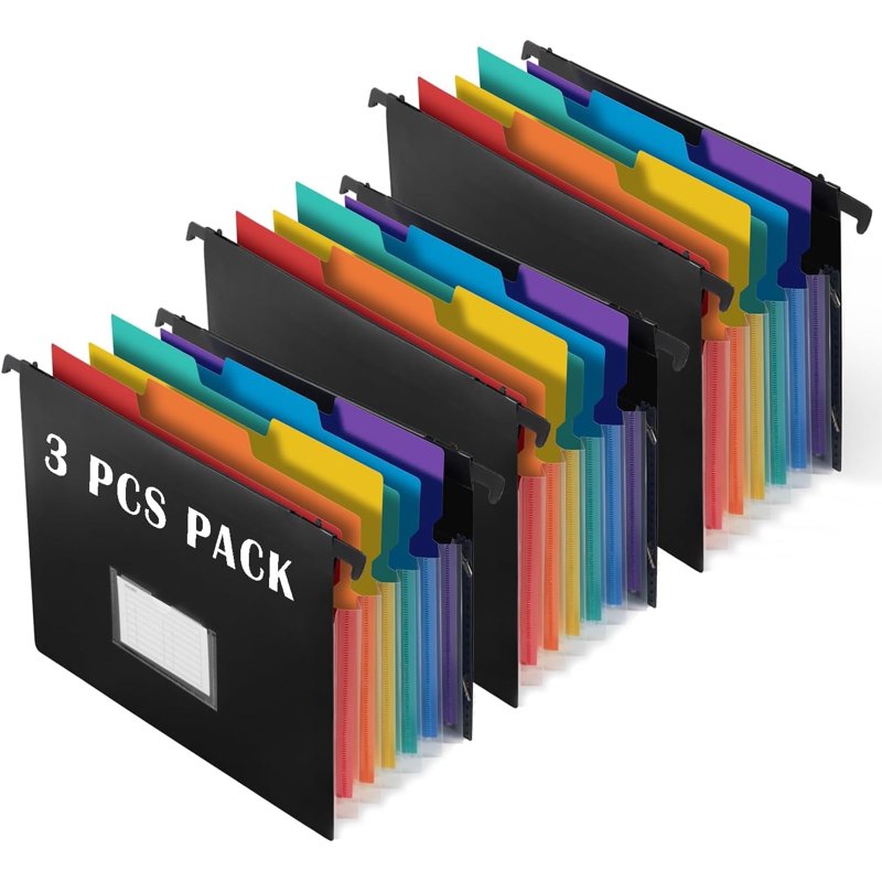 Expanding Hanging File Folders with 7 Pockets and Retractable Hook - 3 Pack