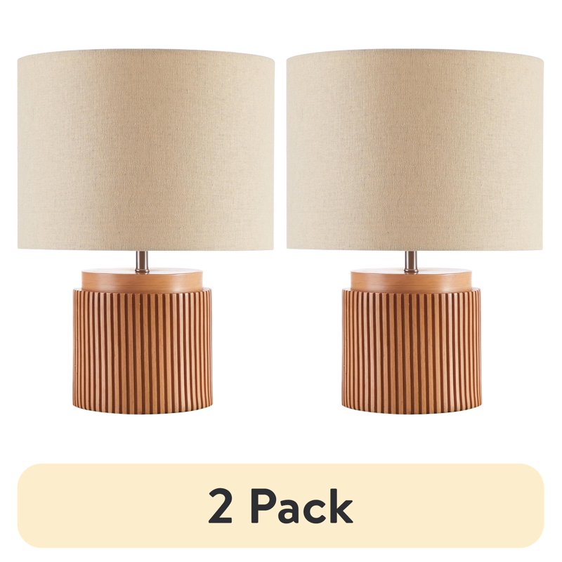 Modern Faux Wood Table Lamp Set - Brown Ribbed Base with Linen Shade