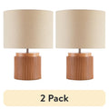 Modern Faux Wood Table Lamp Set - Brown Ribbed Base with Linen Shade