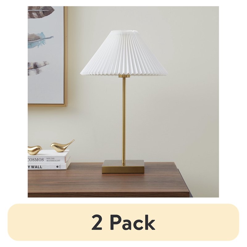 2 Pack Modern Gold-Toned Brass Pleated Shade Table Lamp | 21 Inch Indoor Lighting