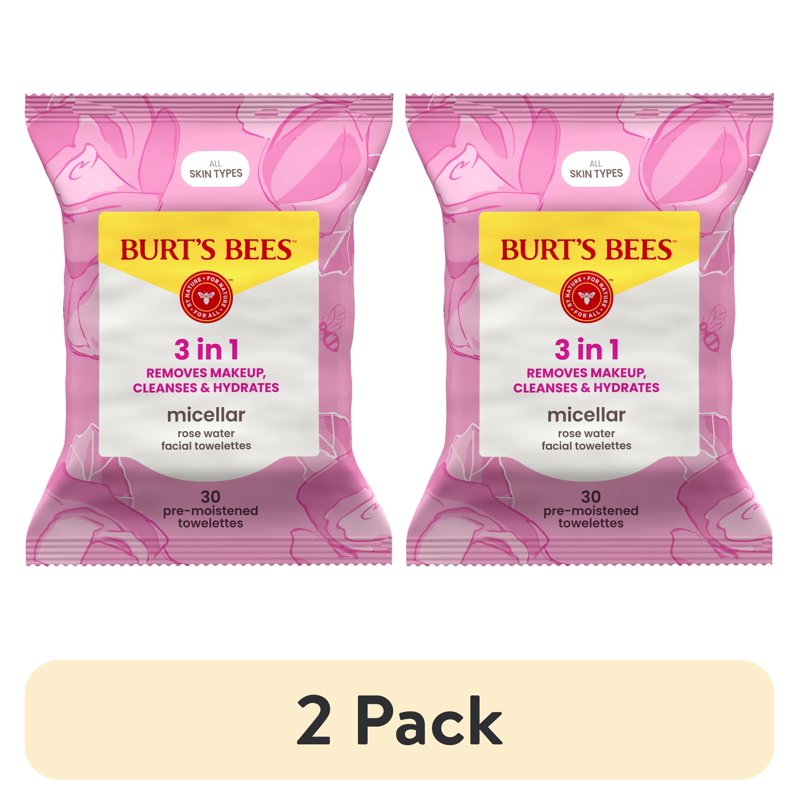 Micellar Rose Water Facial Wipes - 2 Pack, 30 Count - Gentle Makeup Remover & Cleanser
