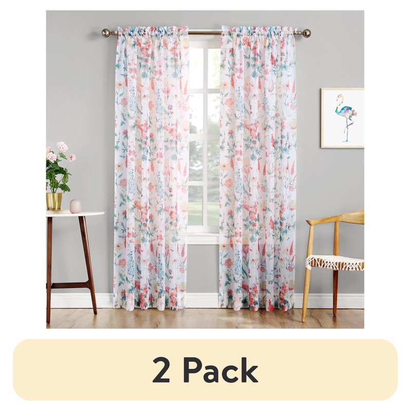 2 Pack Sheer Voile Curtain Panels with Rod Pocket - White Floral, 58x84 Inches