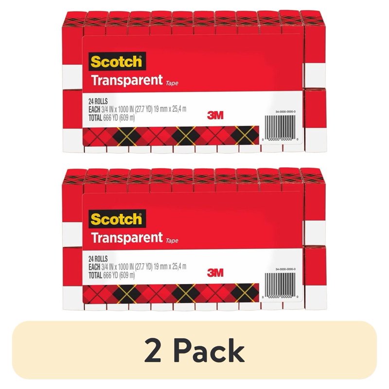 (2 Pack) Scotch Transparent Tape 3/4 in x 1000 in 24 Boxes - Clear Office Tape