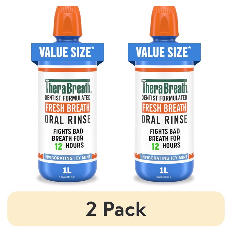 TheraBreath Fresh Breath Mouthwash Icy Mint 2 Pack - Alcohol-Free, Dentist-Formulated