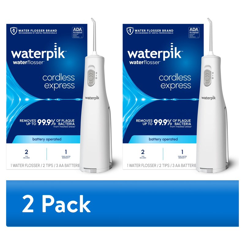(2 Pack) Waterpik Cordless Express Portable Water Flosser - ADA Accepted, White, 2 Tips