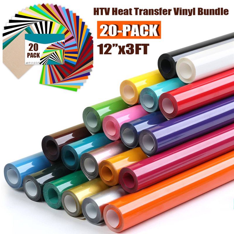 Heat Transfer Vinyl Rolls Bundle - 20 Colors 12x3FT for DIY T-Shirts & Crafts