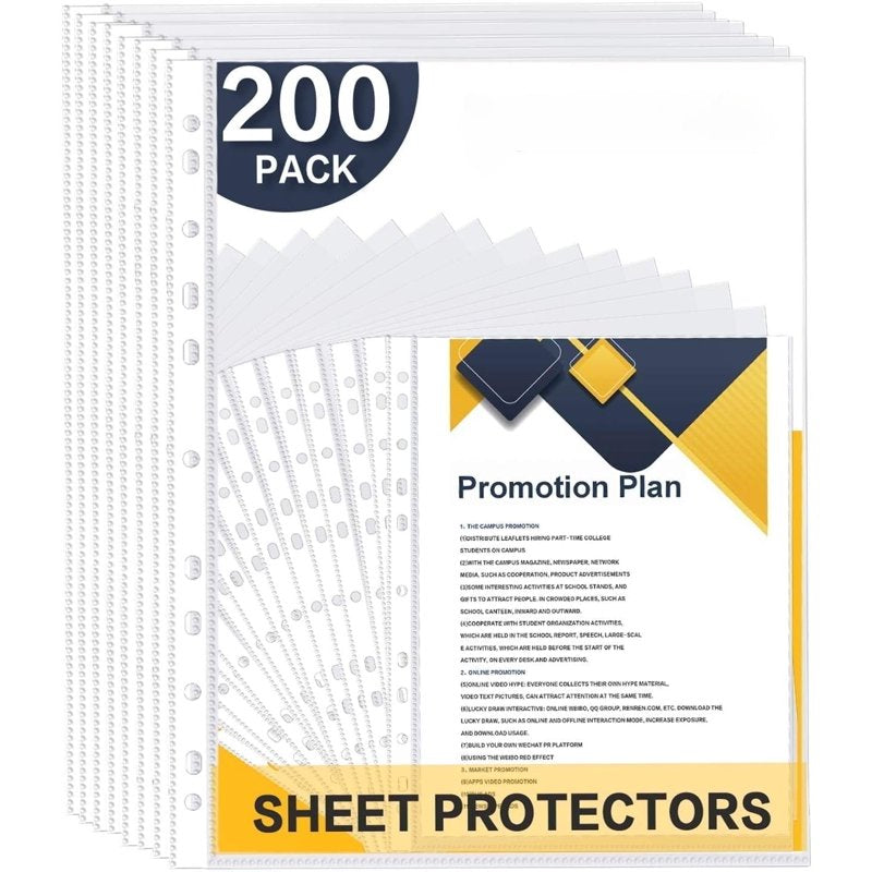 Plastic Page Protectors for 3 Ring Binders - Clear 11-Hole, 200 Pack