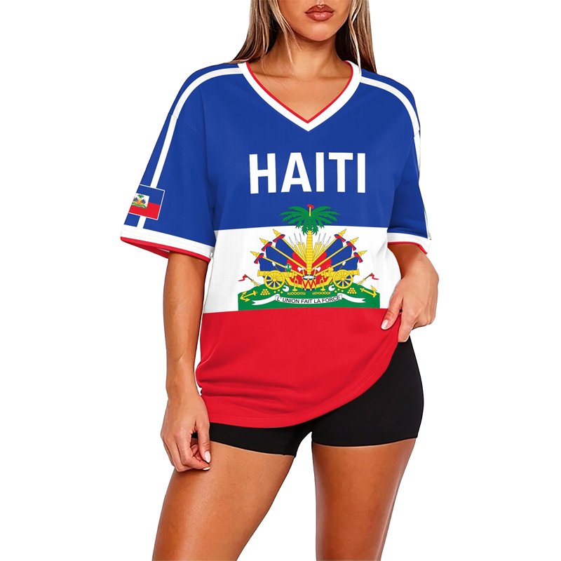 Haiti Soccer Jersey for Women – V-Neck Short Sleeve Shirt, Blue, L (Variation: Blue, L)