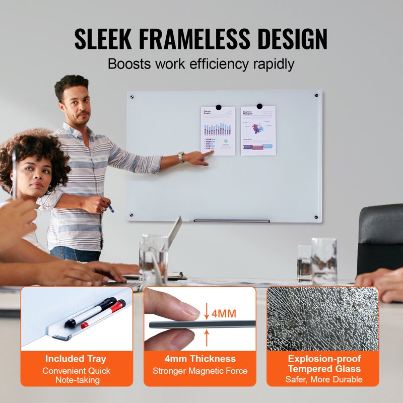 Magnetic Glass Dry Erase Board 36x24 Frameless Wall Mount Whiteboard for Office Home School