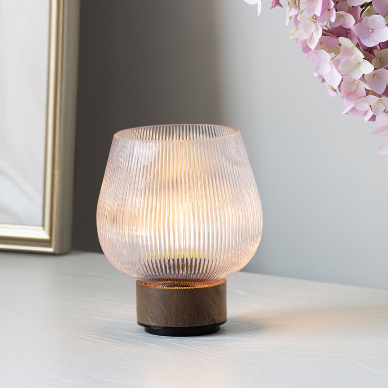 Rechargeable Pink Glass Accent Light with Warm Walnut Finish