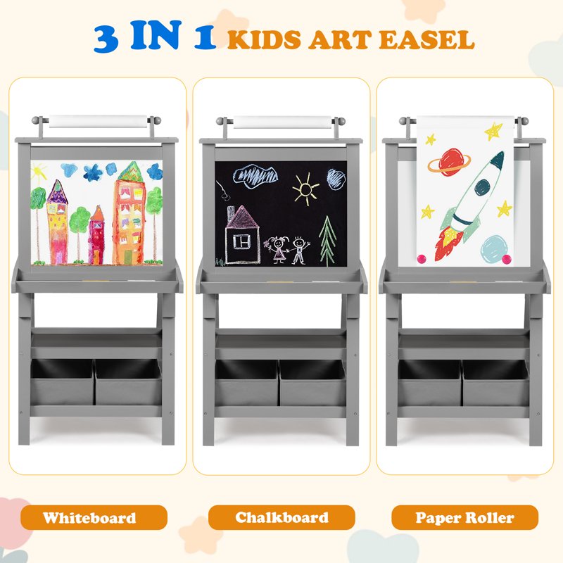 Kids Art Easel with Whiteboard & Chalkboard, Double-Sided Magnetic Surface, Paper Rollers, Gray