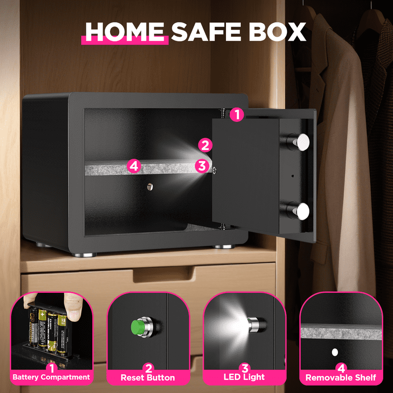 Home Security Safe Box with Digital Keypad, Fireproof Waterproof Bag, Adjustable Shelf