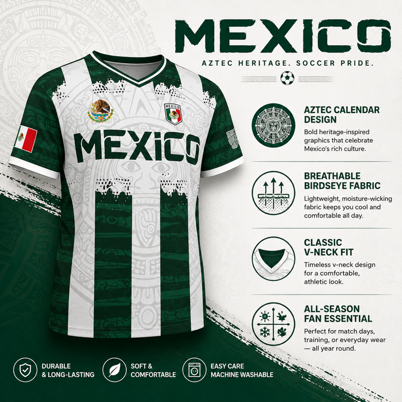 Mexico Aztec Calendar 3D Print Soccer Jersey - Green & White Striped, XL