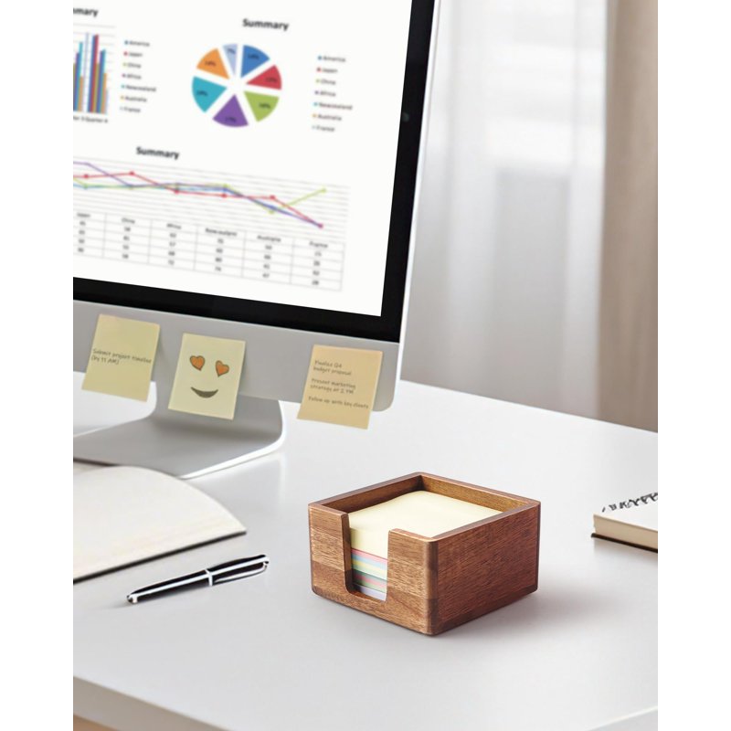 Acacia Wood Sticky Note Holder for Desk Organizer, 3x3 Inches, Natural Finish