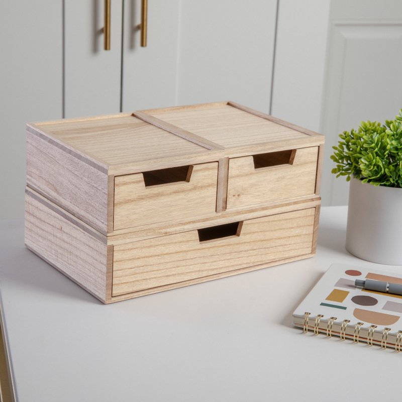 Stackable Wooden Desk Organizer Boxes with Drawers - Set of 3