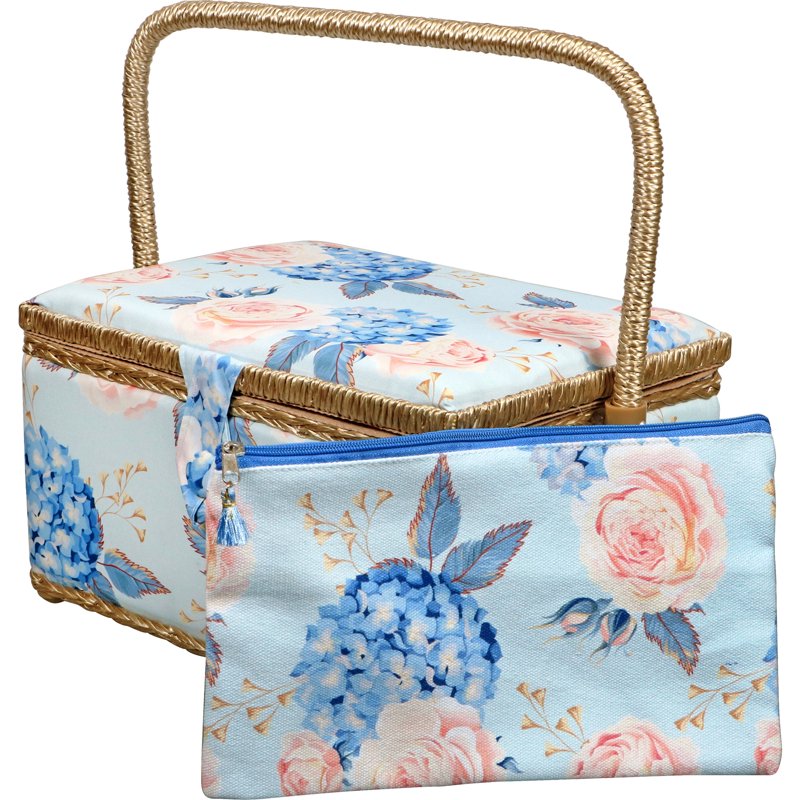 Large Sewing Basket with Hydrangeas Floral Print and Zipper Pouch - Travel Storage Organizer