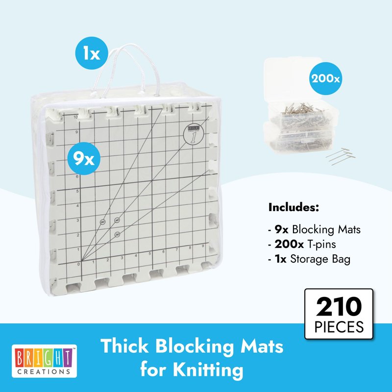 Interlocking Foam Blocking Mats for Knitting & Crochet Projects - 9 Pack, 12.5 x 12.5 inches, Grid Design, Includes T-Pins & Storage Bag