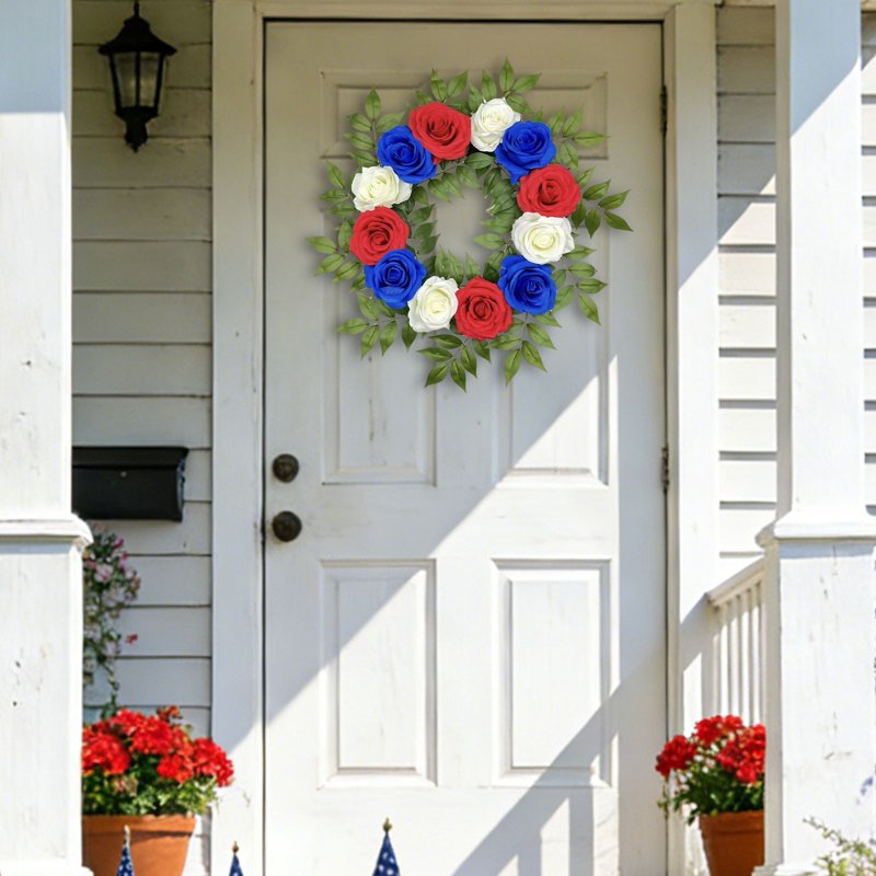 Patriotic Artificial Rose Wreath for 4th of July and Holiday Decor - Red White Blue Floral Front Door Wreath