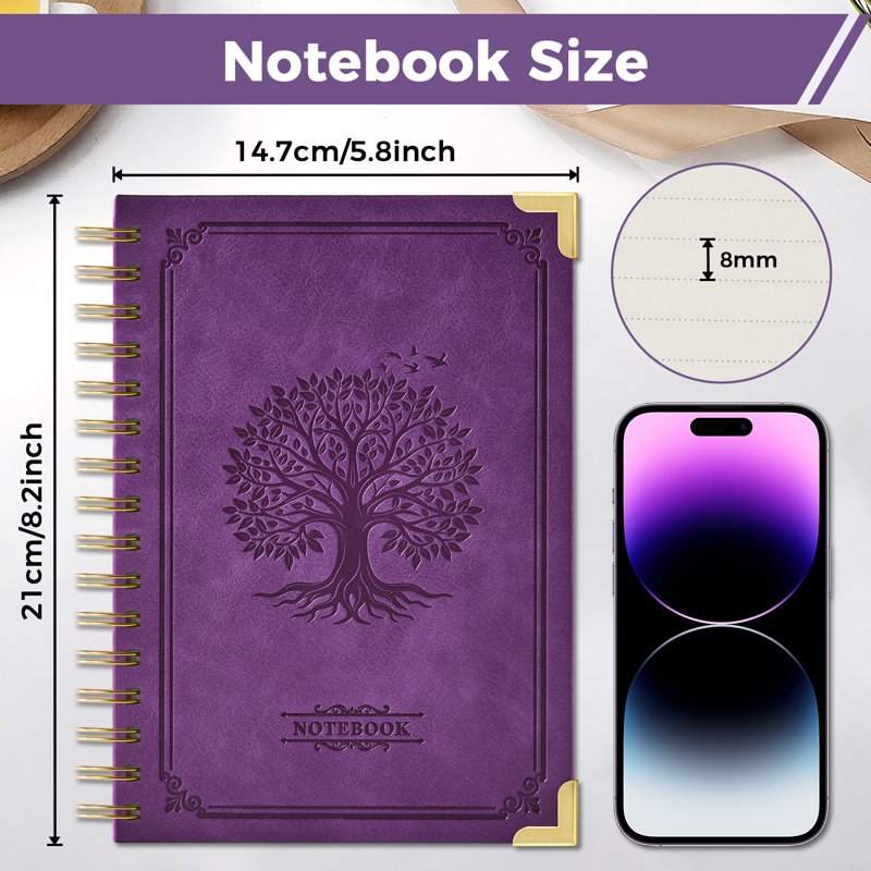 Vintage Leather Notebook A5 Spiral Journal with Tree Embossed Cover, Thick No-Bleed Paper